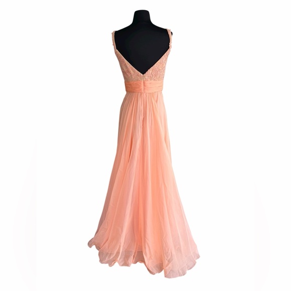 La Femme Apricot Beaded Chiffon Gown Size 6 Lace Bodice V-Neck Formal Prom Dress - Picture 4 of 10